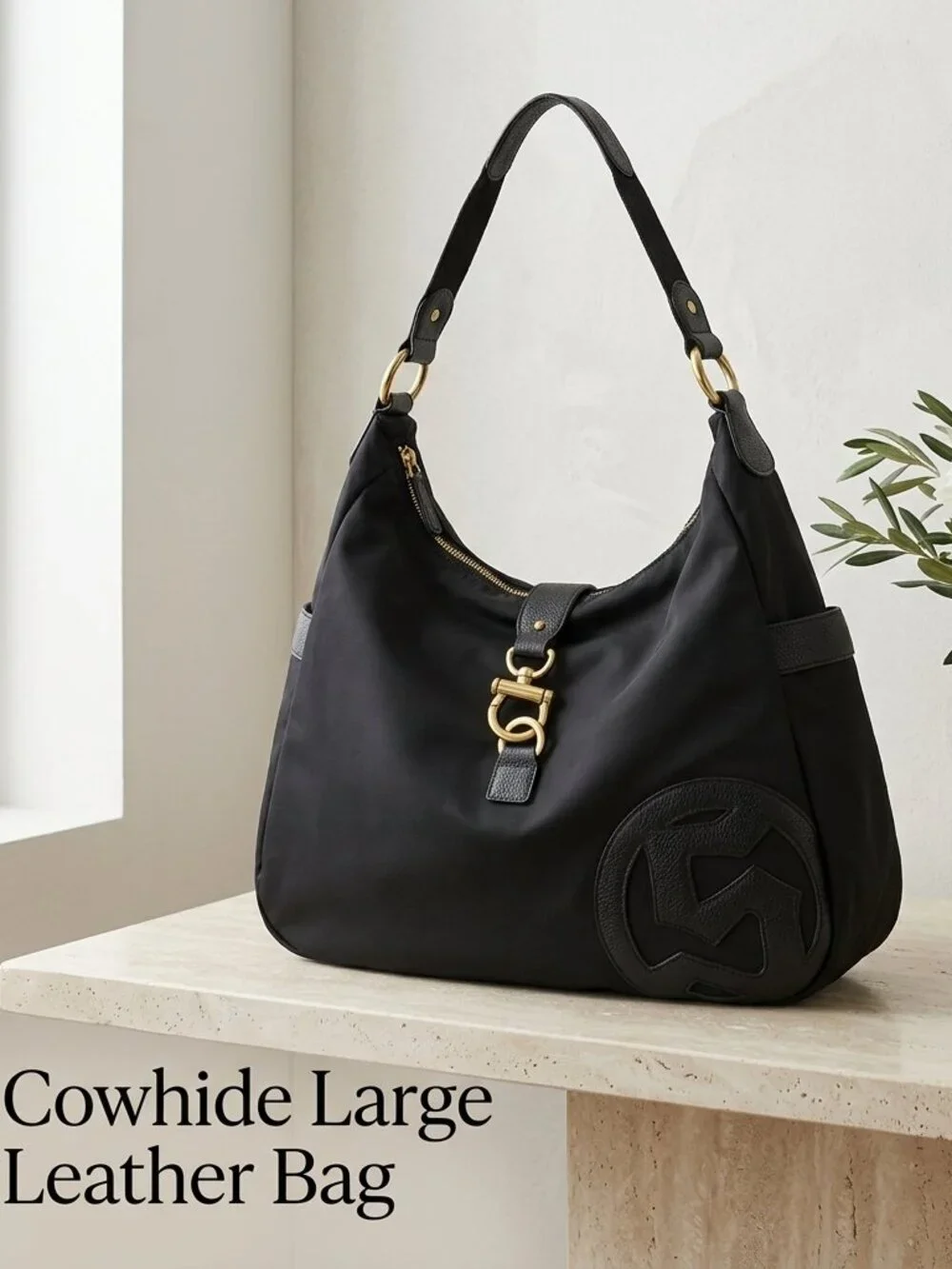 NWOT Lg Shoulder Bag Hobo Cow Leather Trim Brass Lock Zip Closure Multi Pockets